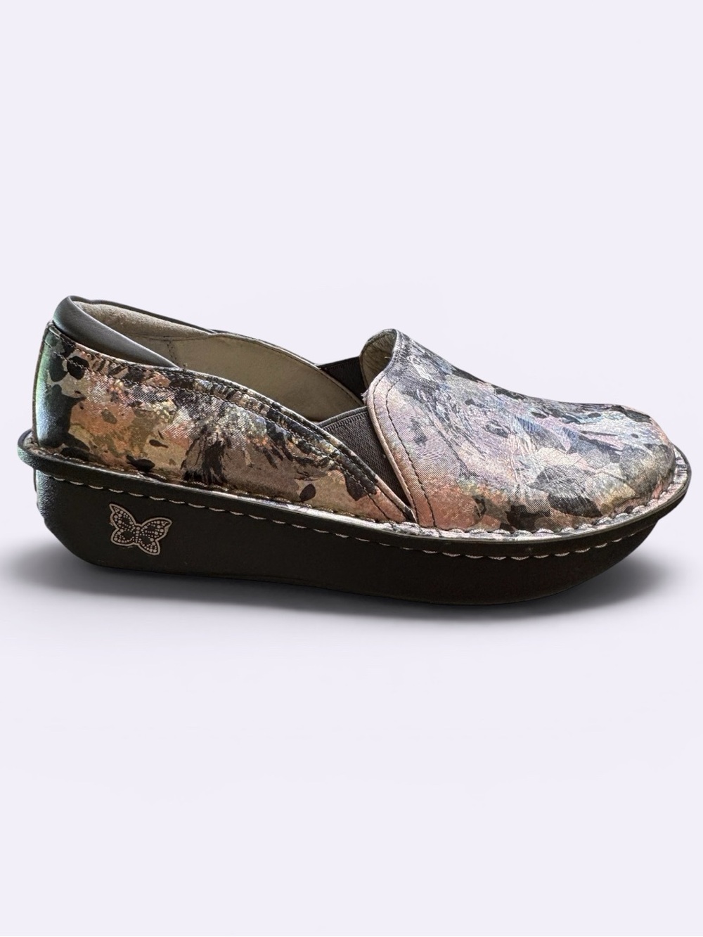 Alegria Debra Slip-On Clog metallic floral colorway known as "Mix N' Mingle"